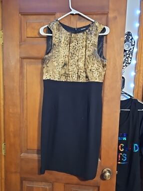 Tahari Black Midi Dress with Gold Patterned Bodice